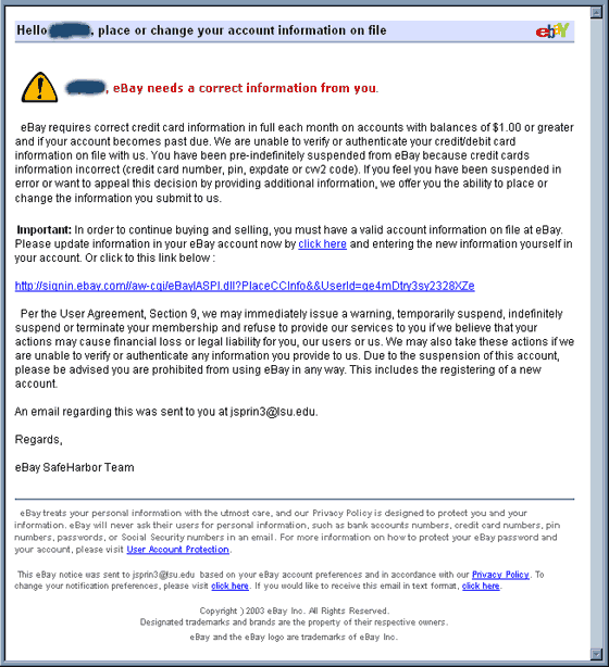 eBay - Unable to verify or authenticate your credit/debit card information spoofed email.