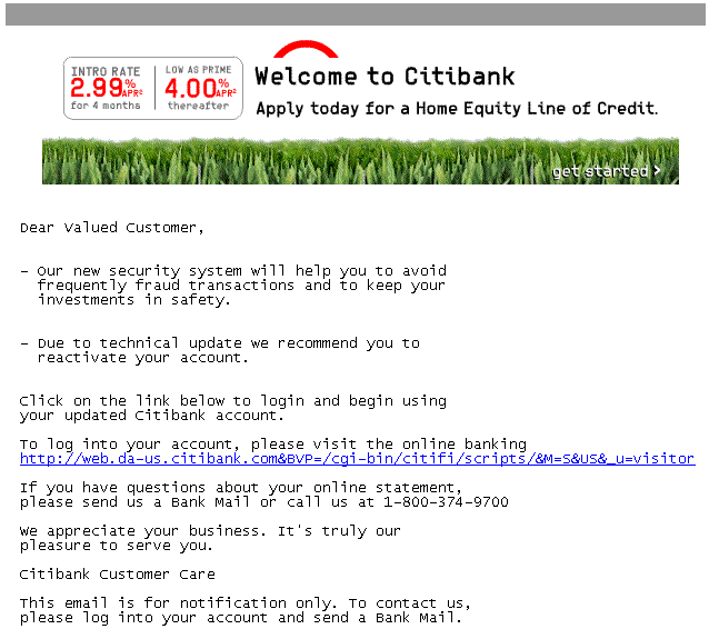 Citibank Security Update - forged email