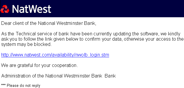 Your Natwest Bank account - forged email.