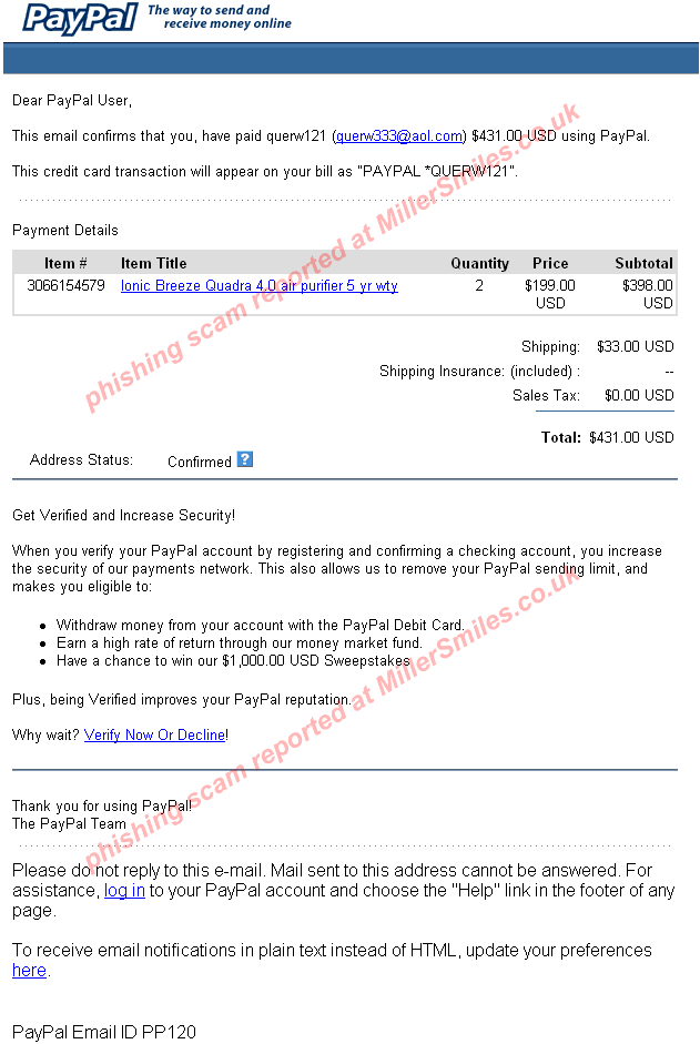 Receipt for your Payment to querw121