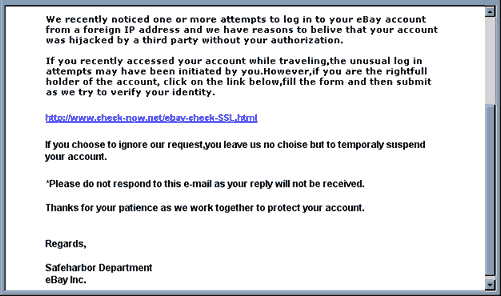 eBay 'Security Measures (SafeHarbor)' spoof email hoax.